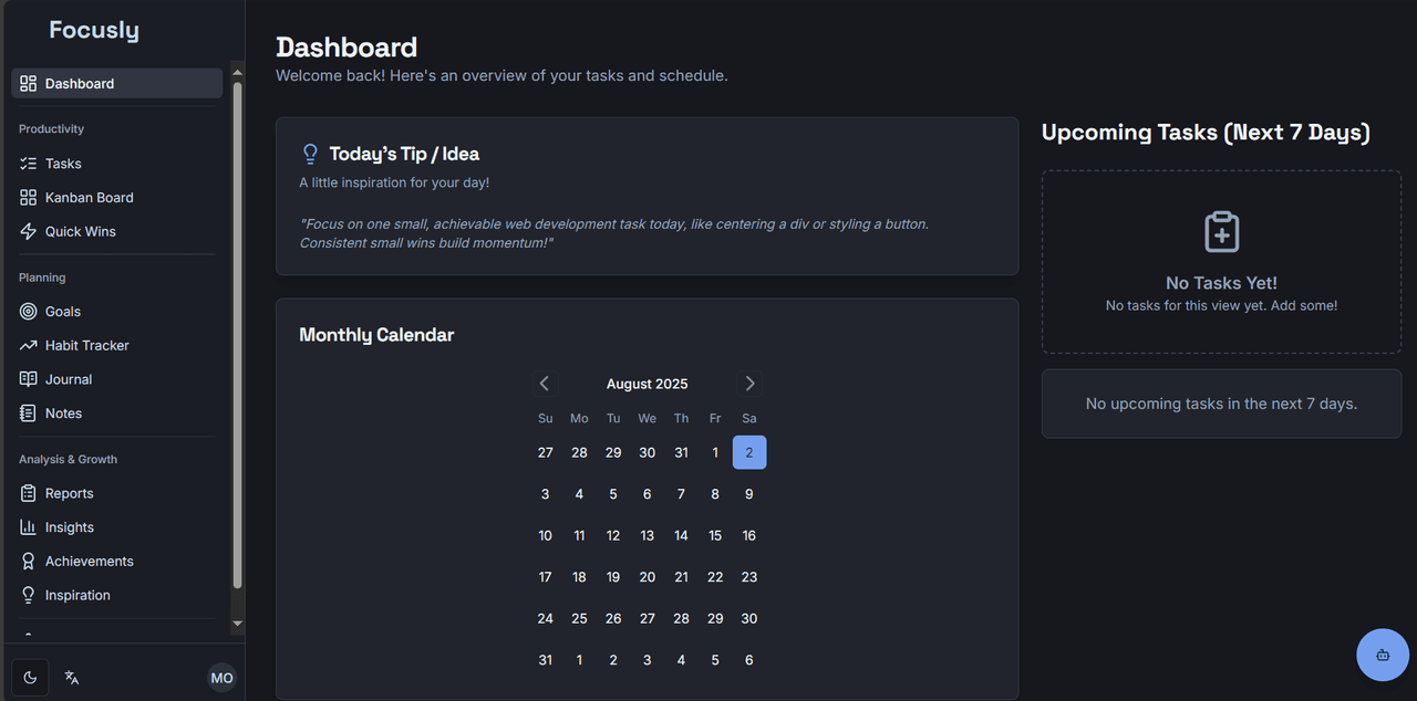 Focusly – AI-Powered Productivity Dashboard 